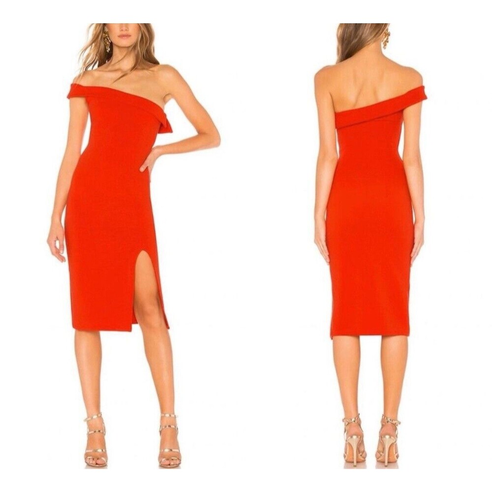 NBD Bodycon Dress Sz S Kade One Shoulder Midi Bright Red Side Slit Sleek Sexy